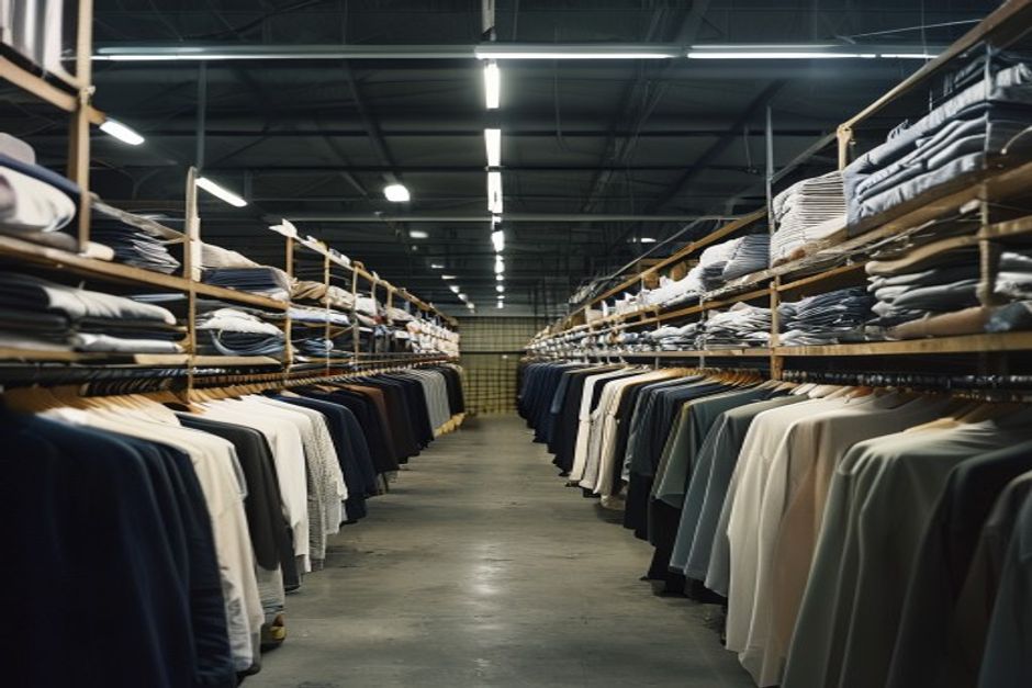 Filas de prendas no vendidas colgando en una gran instalación de almacenamiento débilmente iluminada