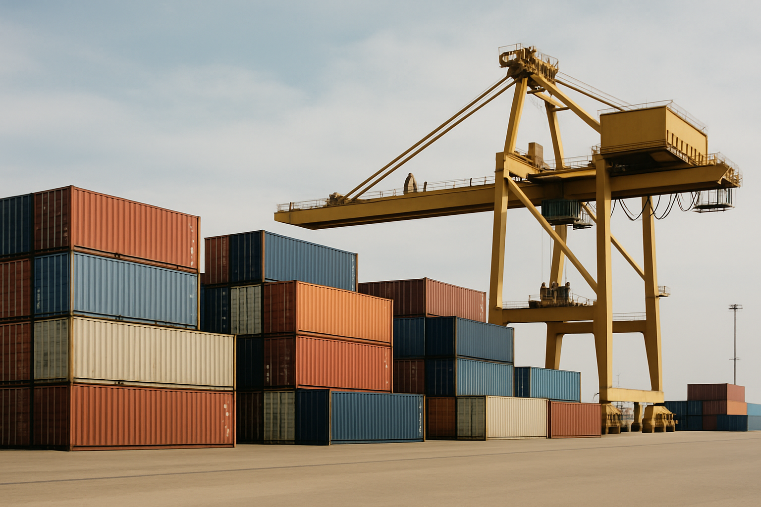 Contenedores de envío apilados en la terminal del puerto industrial con equipos de manejo de carga