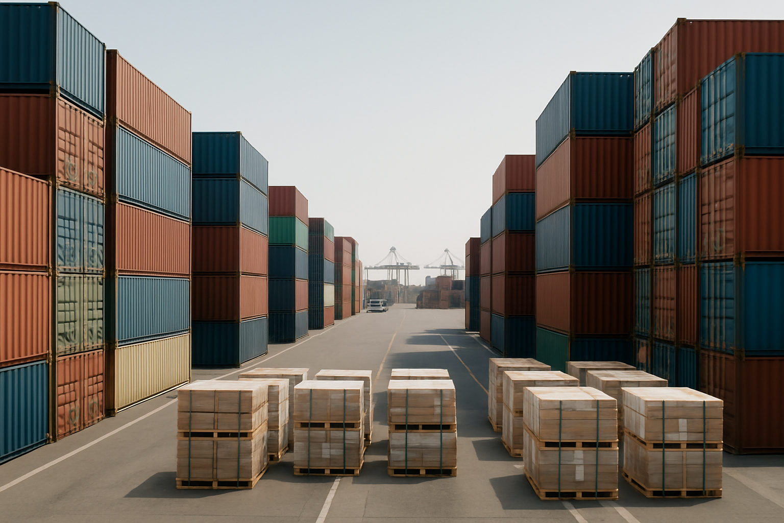 Contenedores de envío apilados y palés de carga en una terminal de puerto ocupada con operaciones logísticas claras visibles