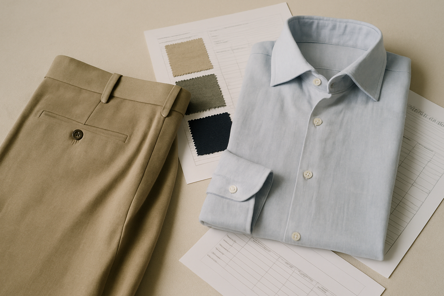 Pantalones estructurados y camisas tejidas sobre muestras de tela y hojas de especificaciones de manufactura