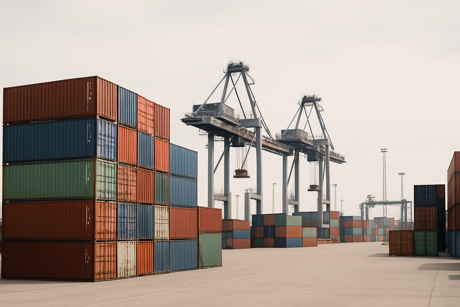 Contenedores de envío apilados en un puerto industrial con grúas de carga e infraestructura logística