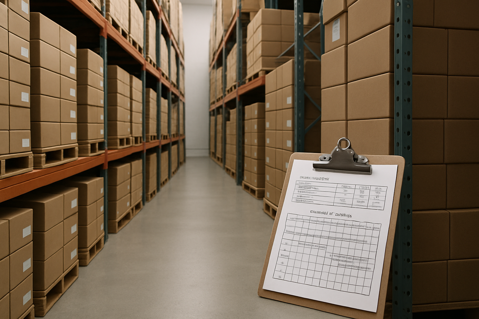 Estantes de almacén apilados con inventario empaquetado y cronogramas de producción mostrados en documentación de portapapeles