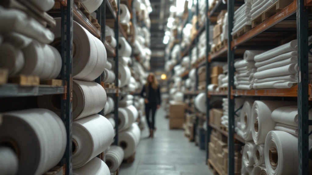 Rollos de tejido técnico de alto rendimiento apilados en estantes industriales en un almacén de textiles