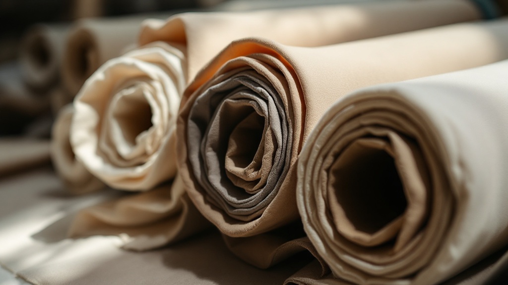 Primer plano de rollos de tela elástica con diferentes pesos y composiciones textiles en estantes