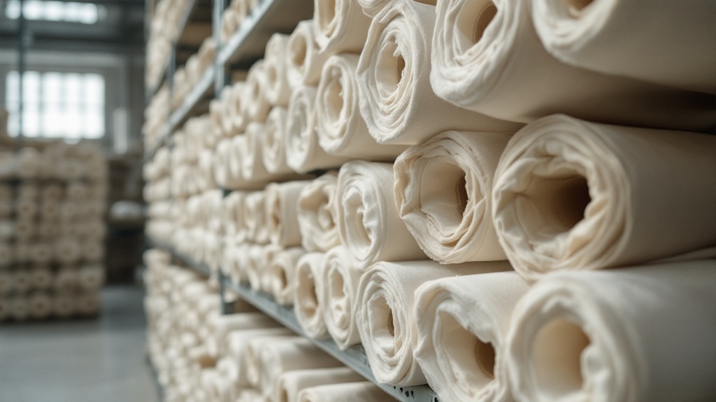 Bobinas de tela de algodón fuertemente enrolladas apiladas en un almacén textil en estantes de metal