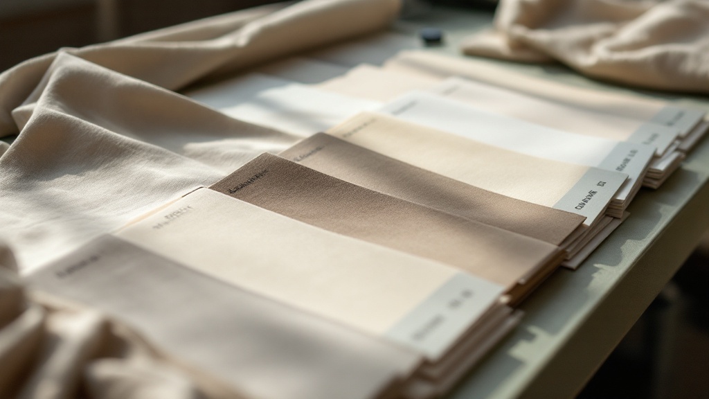 Tarjetas de muestras de tela organizadas con etiquetas de referencia de color dispuestas en una mesa de producción plana