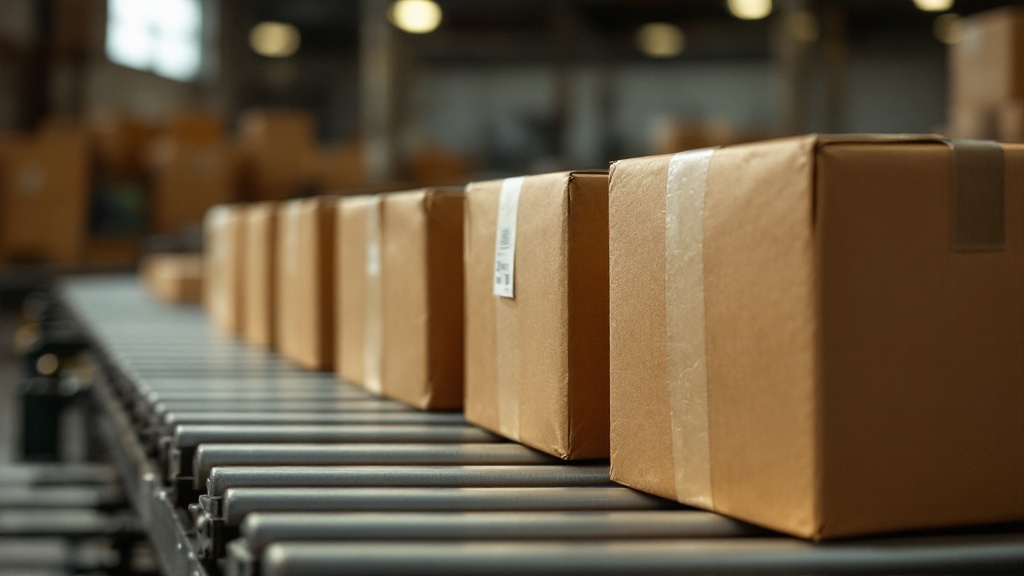 Fila de cajas de cartón de envío selladas con cinta en una cinta transportadora de clasificación de almacén