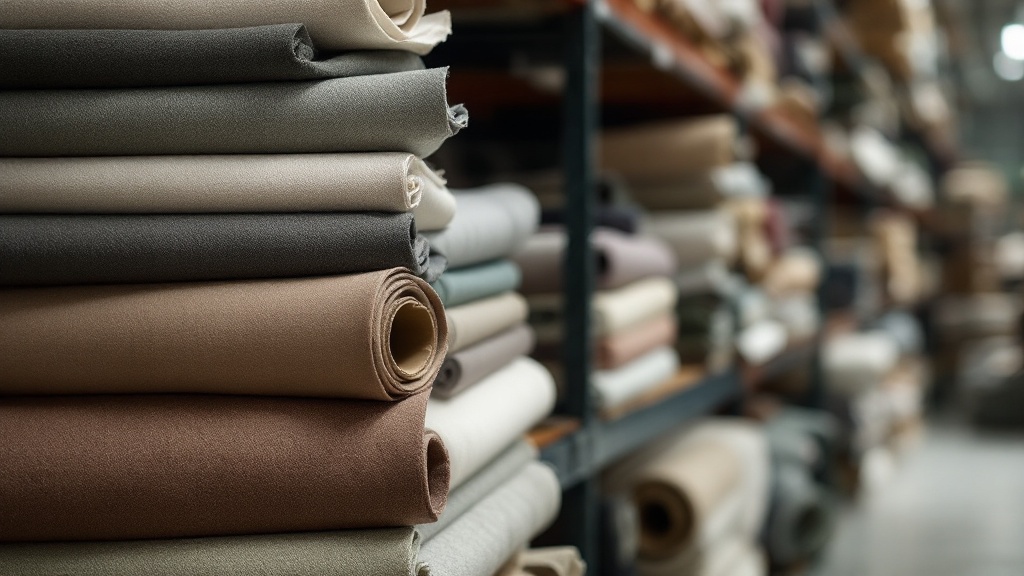 Close-up of multiple fabric rolls stacked on shelves in a textile warehouse, various weights