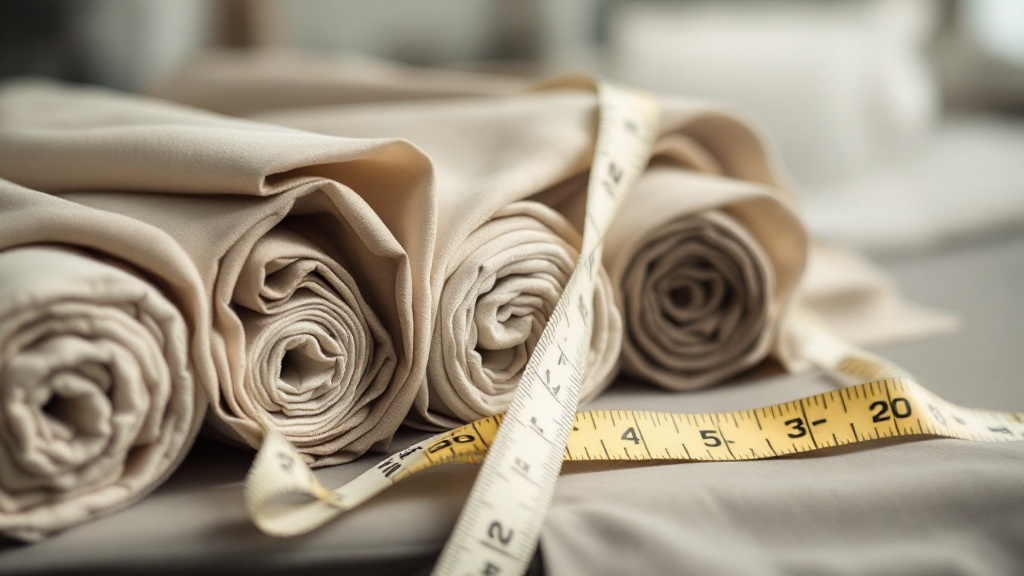 Fabric rolls of varying densities and weights arranged on a production table with measurement tape