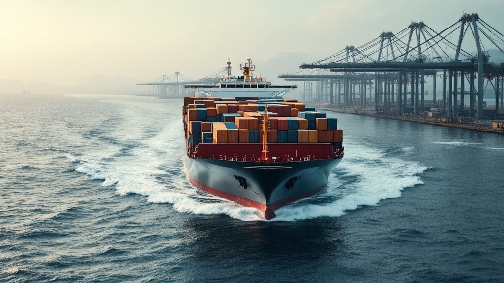 Cargo ship loaded with stacked shipping containers approaching a commercial port terminal