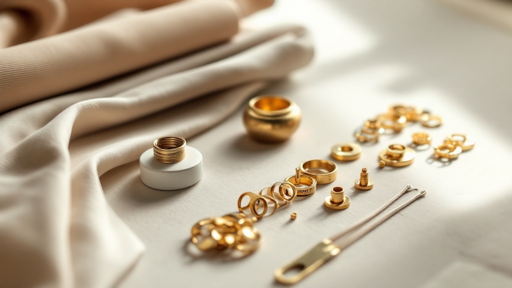 Flat elastic rolls and brass drawcord hardware components arranged on a cutting table