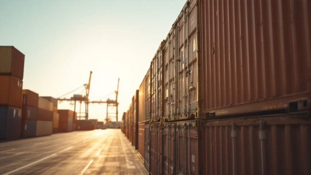 Stack of shipping containers at a port terminal under open sky with cargo cranes visible