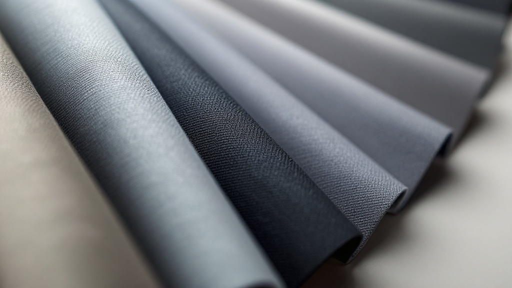 Close-up of fabric swatches arranged in a row on a grey scale card