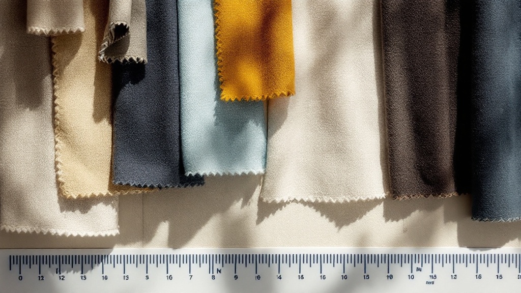 Rows of fabric specimens pinned to a test board beside a blue wool reference scale