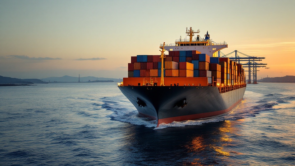 Cargo ship loaded with stacked containers approaching a busy port terminal at dusk
