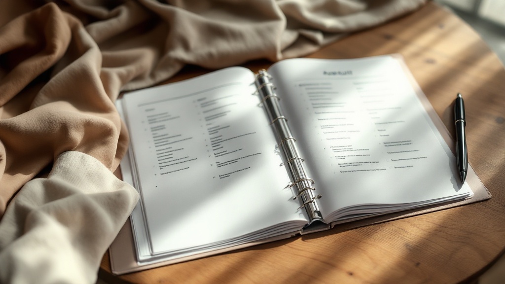 Open binder with compliance forms and checklists on a wooden desk beside a pen