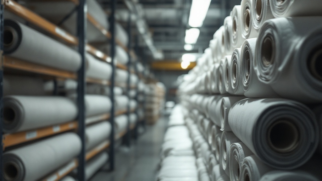 Organised row of fabric rolls stacked on warehouse shelving under bright industrial lighting