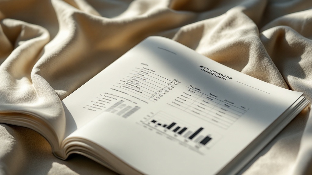 Open technical specification document with garment measurement diagrams and tolerance columns