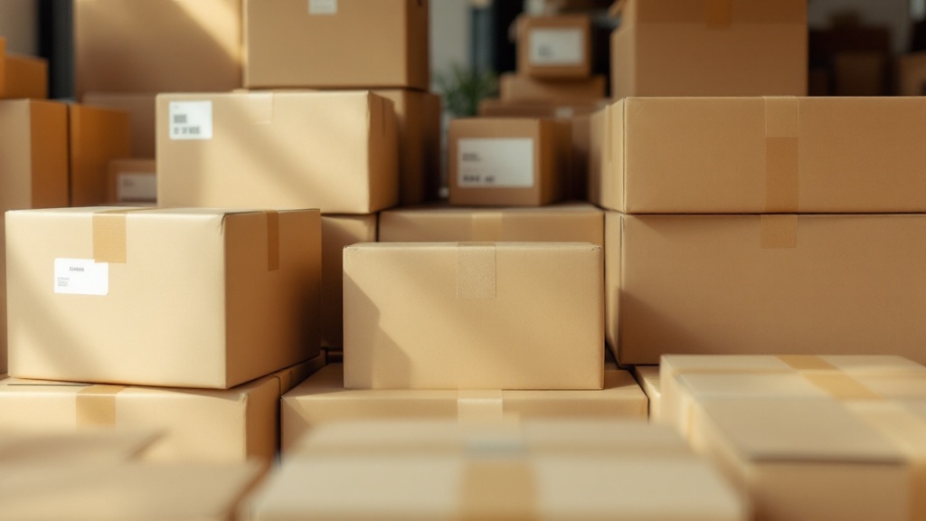 Cardboard shipping boxes stacked in a returns processing area with labels and tape visible