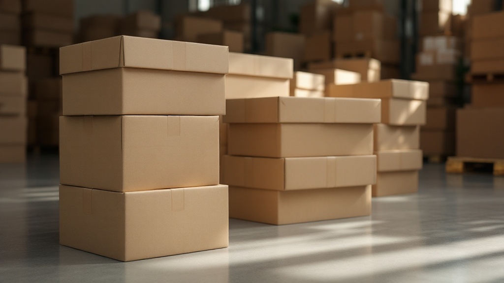 Stacked retail shipping cartons sealed with tape on a warehouse floor ready for dispatch
