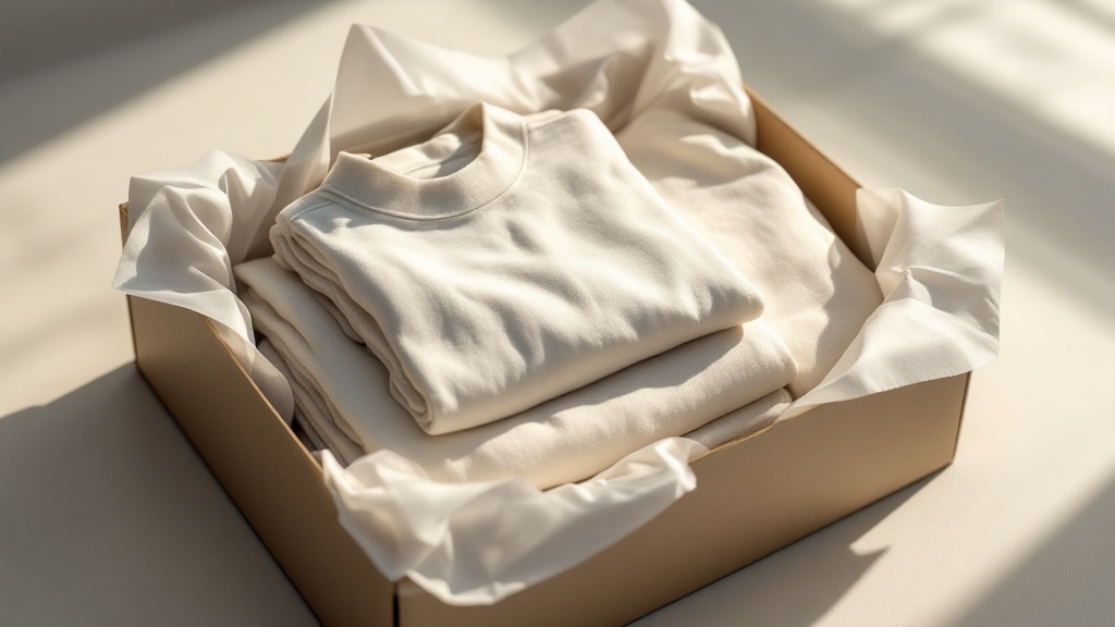 Folded garments wrapped in white tissue paper inside a rigid retail box on a flat surface