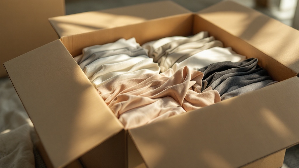 Open shipping carton showing polybag-sealed folded garments organised in neat rows inside
