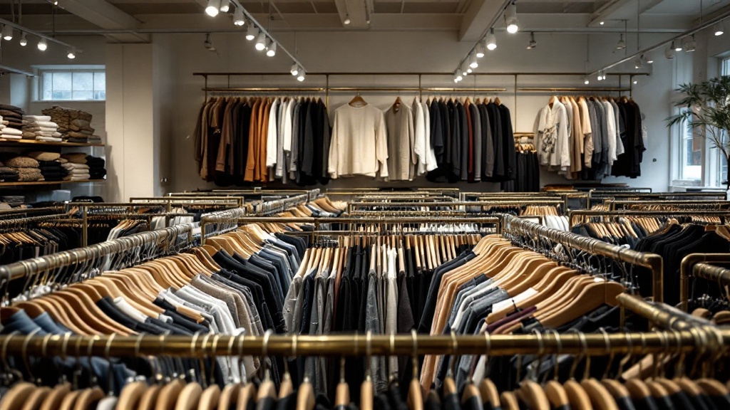 Overstocked retail clothing racks with dense rows of unsold garments in a large store