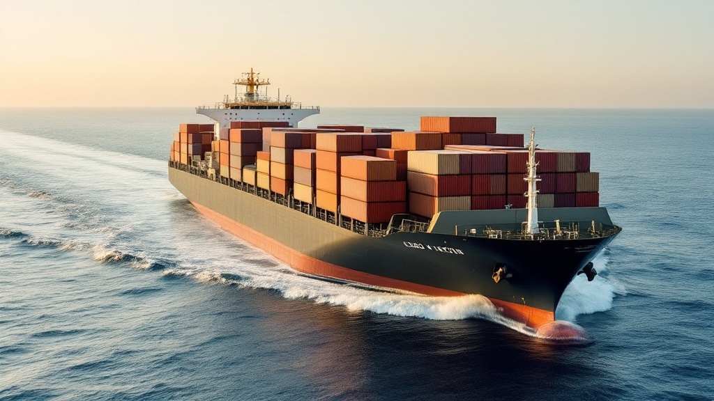 Cargo ship loaded with stacked shipping containers moving across open ocean water