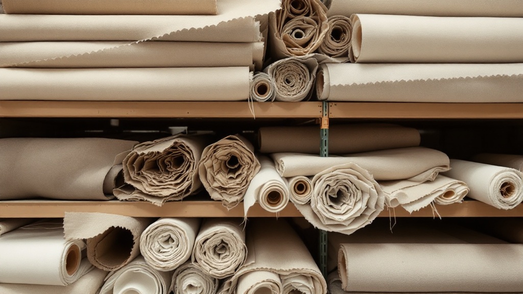 Rolls of woven fabric stacked in rows on warehouse shelving, various neutral colours