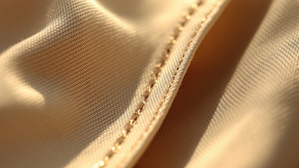 Close-up of a sewn seam on woven fabric showing stitch density and thread interlock
