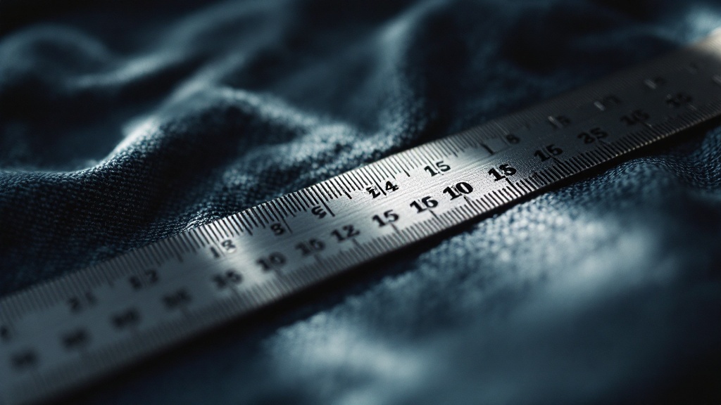 Ruler laid across a flat sewn seam on denim fabric measuring stitches per inch