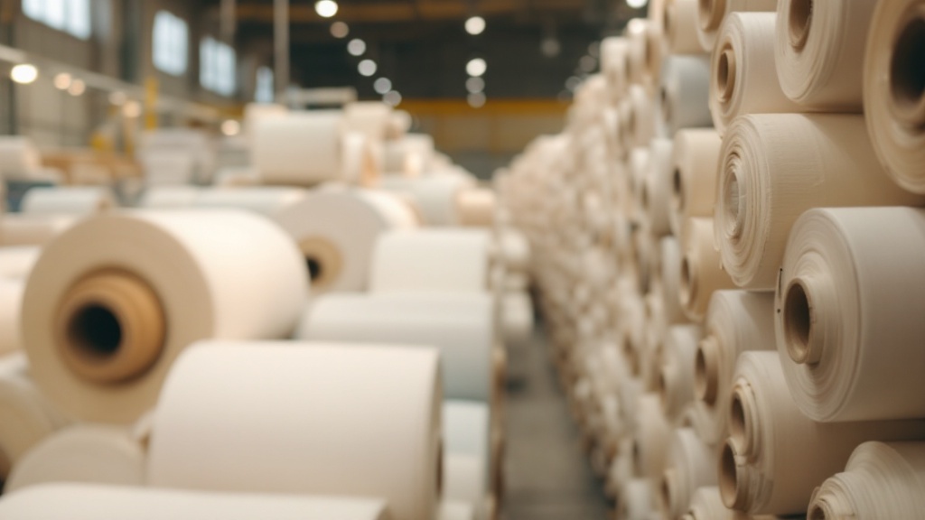 Large rolls of fabric stacked in rows inside a textile warehouse with bright overhead lighting