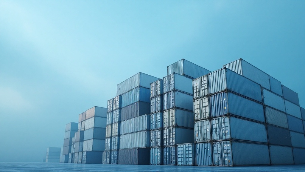 Stack of intermodal shipping containers at a cargo terminal with calm blue sky above