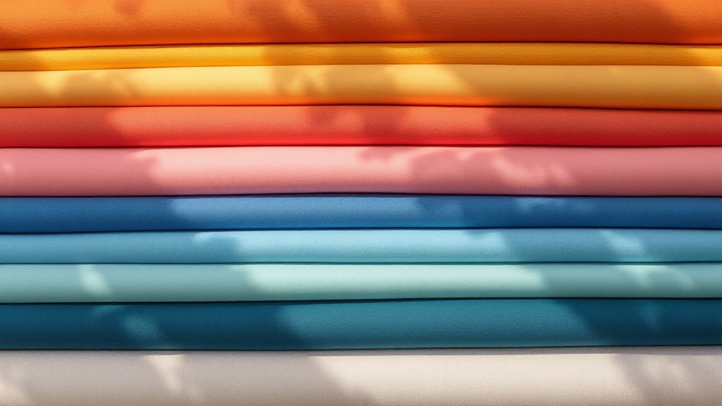 Rolls of brightly coloured swimwear fabric stacked vertically in a textile storage area