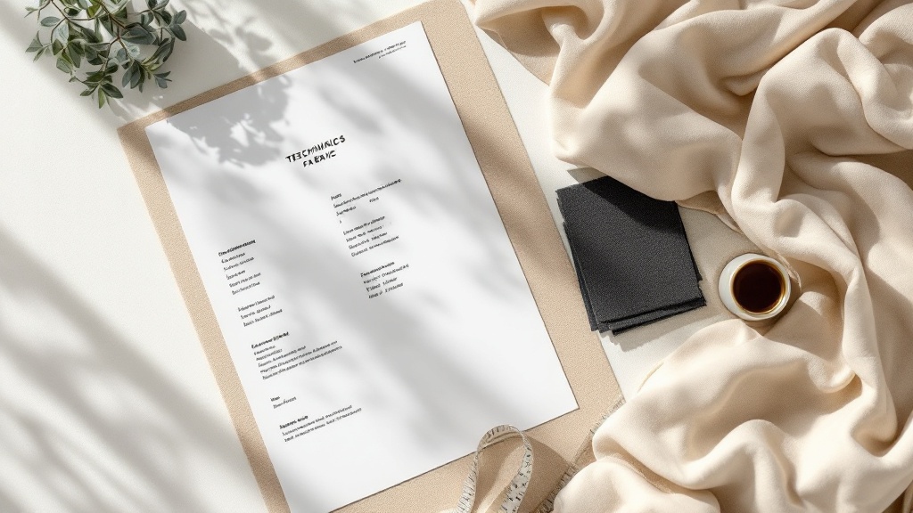 Open technical specification sheet next to fabric swatches and a measuring tape on a flat surface