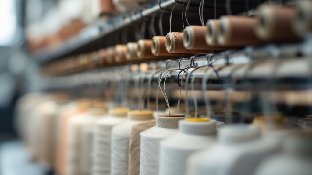 Rows of thread spools in matched colours on an industrial rack above a sewing floor