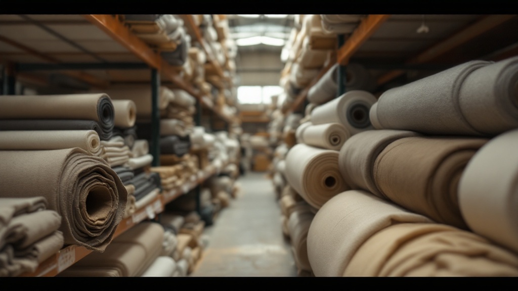 Rolls of knit and woven fabric stacked on industrial shelving in a textile warehouse