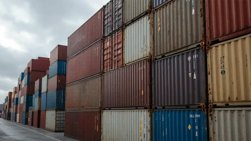 Stack of shipping containers at a busy cargo port under an overcast sky