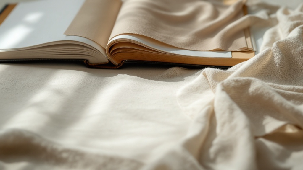 Open fabric sample binders with textile swatches arranged across a flat cutting table surface