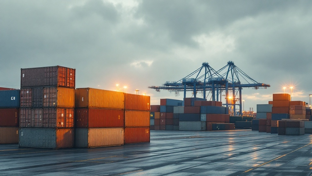 Cargo freight containers stacked at a busy port terminal under an overcast sky