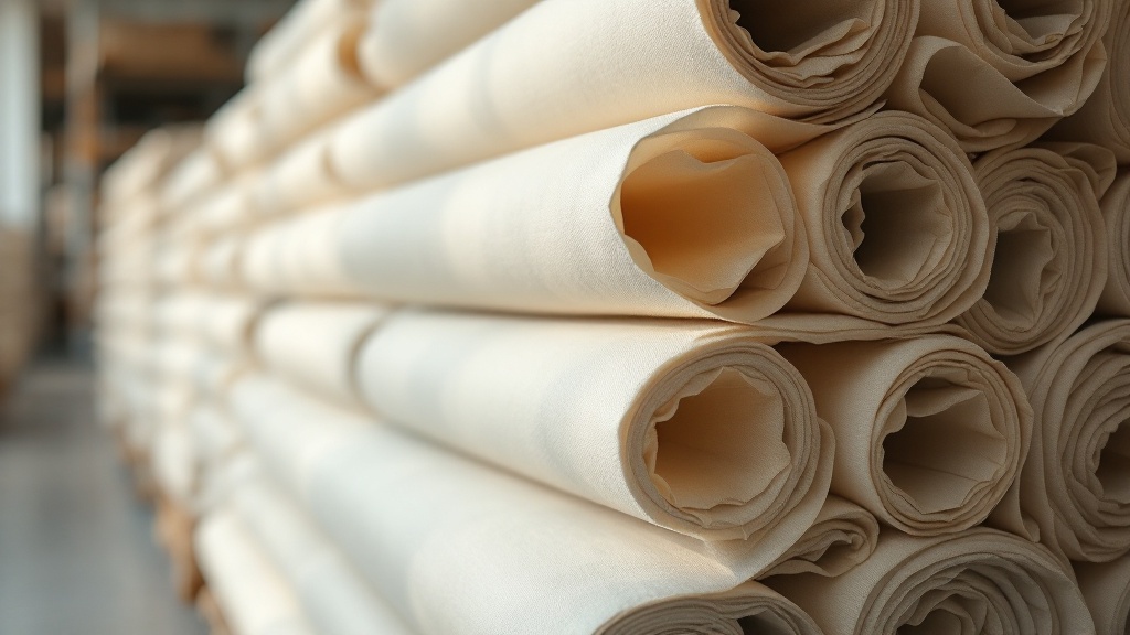 Rolls of undyed greige fabric stacked in a textile warehouse before dyeing process