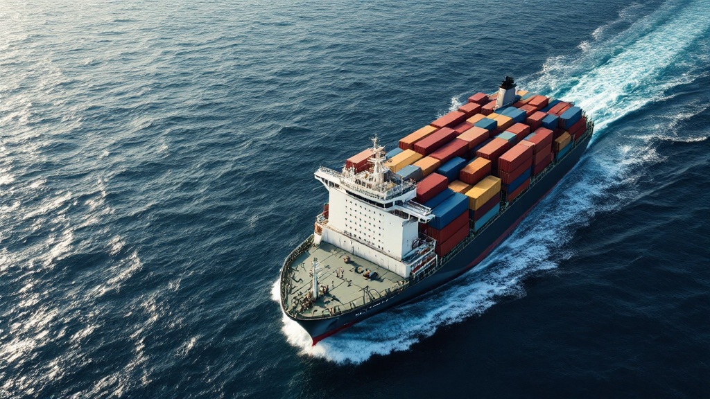 Cargo ship sailing on open ocean loaded with stacked intermodal freight containers