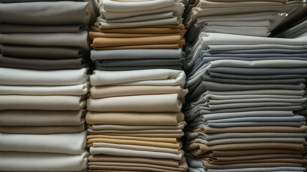 Rows of fabric bolts stacked on industrial shelving in a textile warehouse