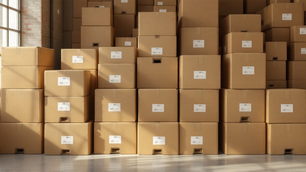 Stacks of cardboard shipping boxes in a storage room with inventory labels
