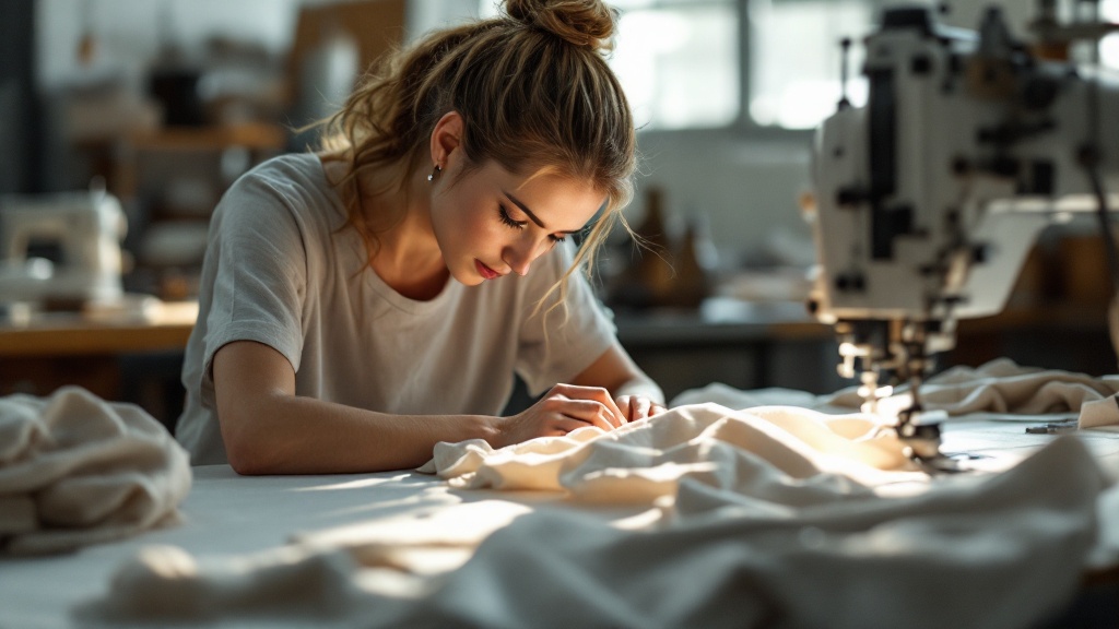Industrial sewing machine stitching fabric on a factory table under bright lighting
