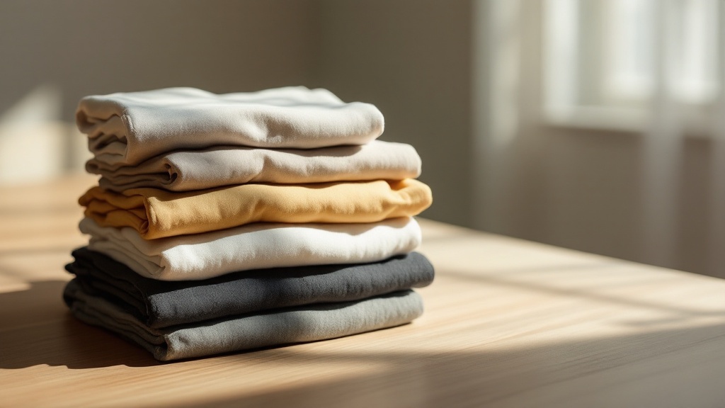 Neat stack of folded garments on a wooden surface ready for shipment
