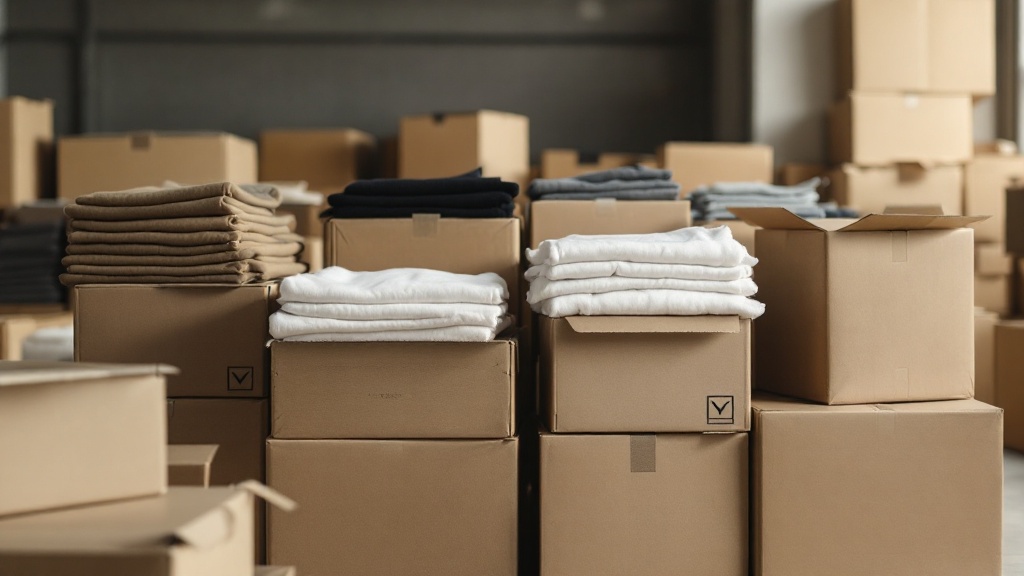 Stacks of cardboard shipping boxes filled with folded garments in storage warehouse
