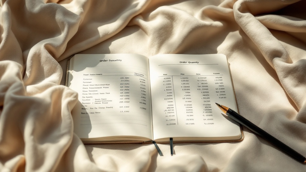 Open notebook with financial calculations and order quantity spreadsheet on desk