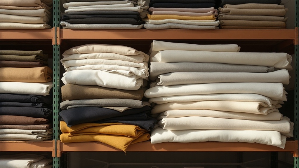 Bolts of fabric in various colors stacked on industrial shelving unit