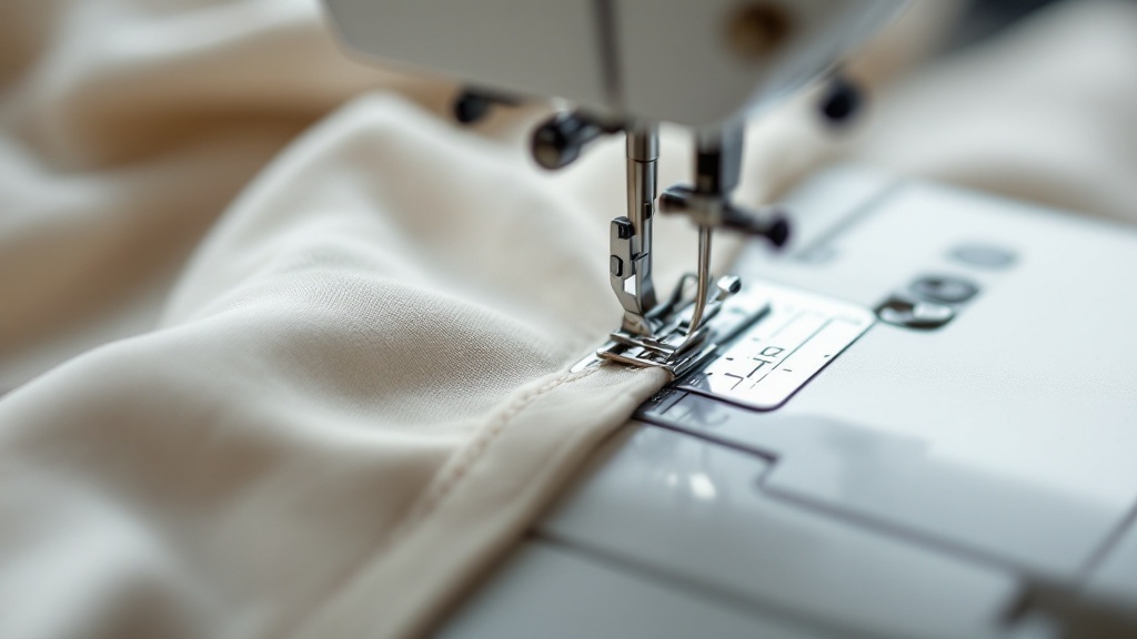Close-up view of sewing machine stitching seam on cotton fabric